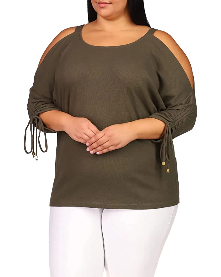 MICHAEL Michael Kors Plus Size Waffle Ruche Sleeve Top | Shirts & Tops 2 MICHAEL Michael Kors Plus Size Waffle Ruche Sleeve Top | Shirts & Tops - Image 2