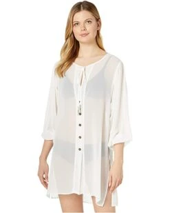 MICHAEL Michael Kors Solid Logo Chain Button Front Cover-Up Top | Swimwear