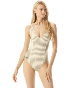 MICHAEL Michael Kors Logo Stripe V-Neck One-Piece | Swimwear -Michael Kors Sale 71PUo e pRL. AC SR736920