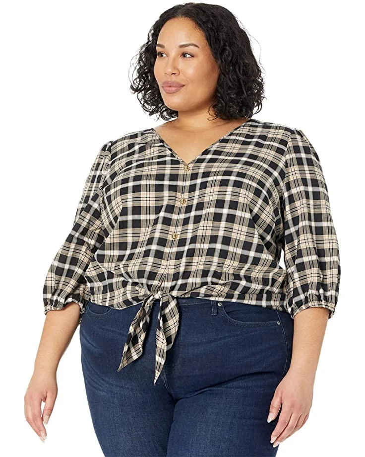 MICHAEL Michael Kors Plus Size Yarn-Dye Flannel Tie Front Top | Shirts & Tops 1 MICHAEL Michael Kors Plus Size Yarn-Dye Flannel Tie Front Top | Shirts & Tops